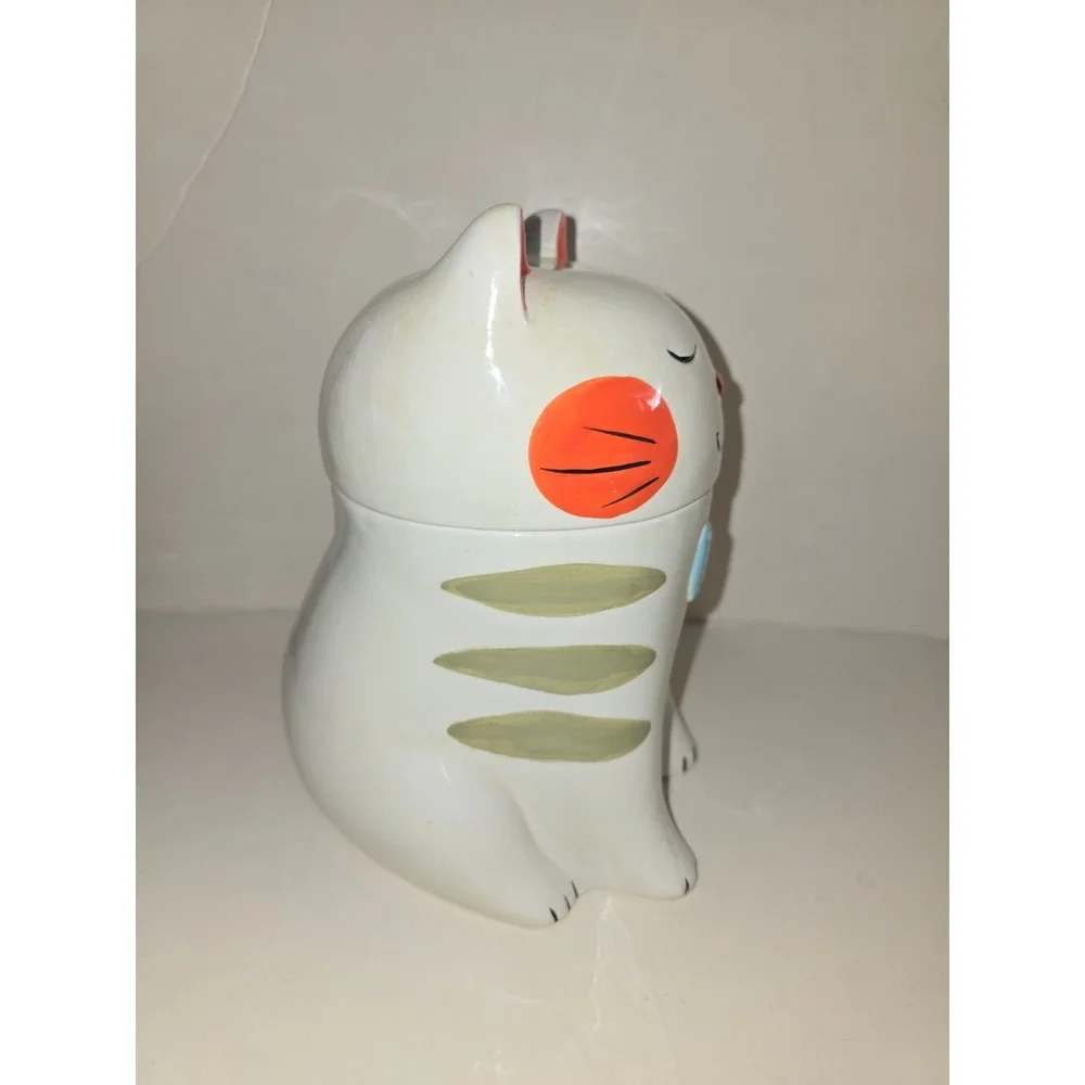Ceramic‎ Cat Cookie Jar White with Blue Bow Tie and Orange Accents Hand Painted